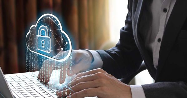 Businessman use Laptop with interface of padlock and cloud computing technology, Cyber Security Data Protection Business Technology Privacy concept.